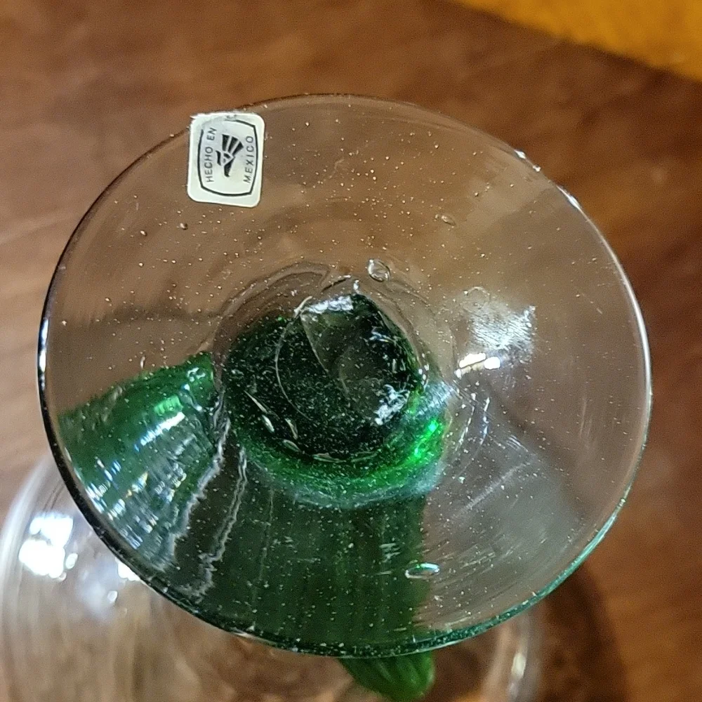 1 Mexican Hand Blown Margarita Glass Desert Green Saguaro Cactus